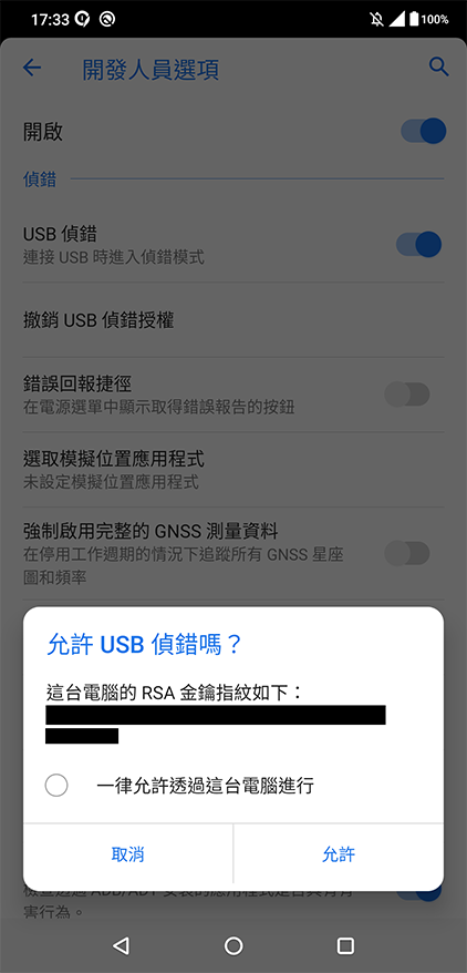 允許 USB 偵錯